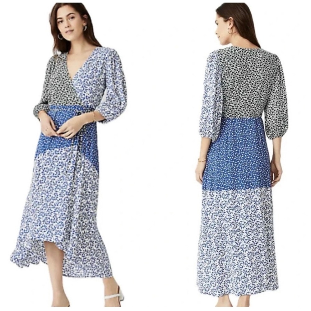 Ann Taylor Mixed Floral Wrap Midi Dress Blue Green 12 SP21 556782